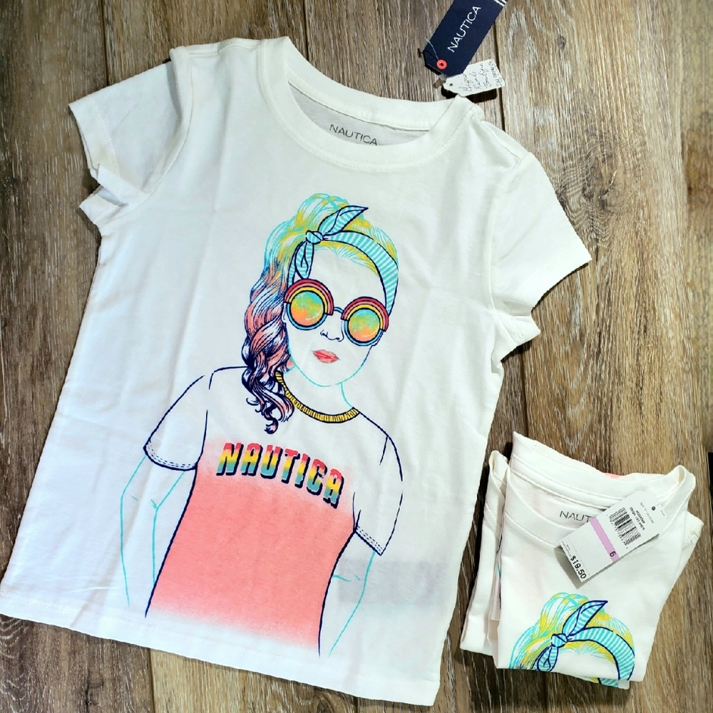 Nautica girls white 'Girl/shades' graphic tee, coral and aqua Size 6